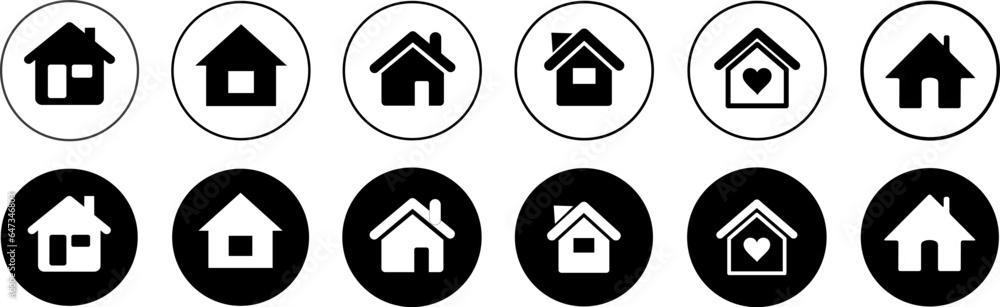 Home icon set vector collection. Sign symbol of house loan. Web home circle flat icon house main page sign app website Home icon set vector collection. Sign symbol of house loan. Web home circle flat icon house main page sign app website