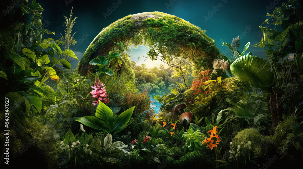 Earth with lush vegetation and plants to protect our planet's future - obrazy, fototapety, plakaty 