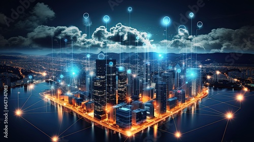 Big data connection technology. Cityscape telecommunication and communication network concept. Smart city and digital transformation.