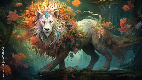 Fotografie Fantasy artwork of mythical creatures with lion and flowers