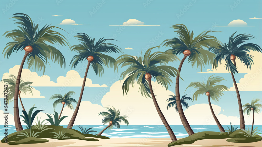 Palm trees on a sandy beach with tropical breeze illustration Palm trees on a sandy beach with tropical breeze illustration