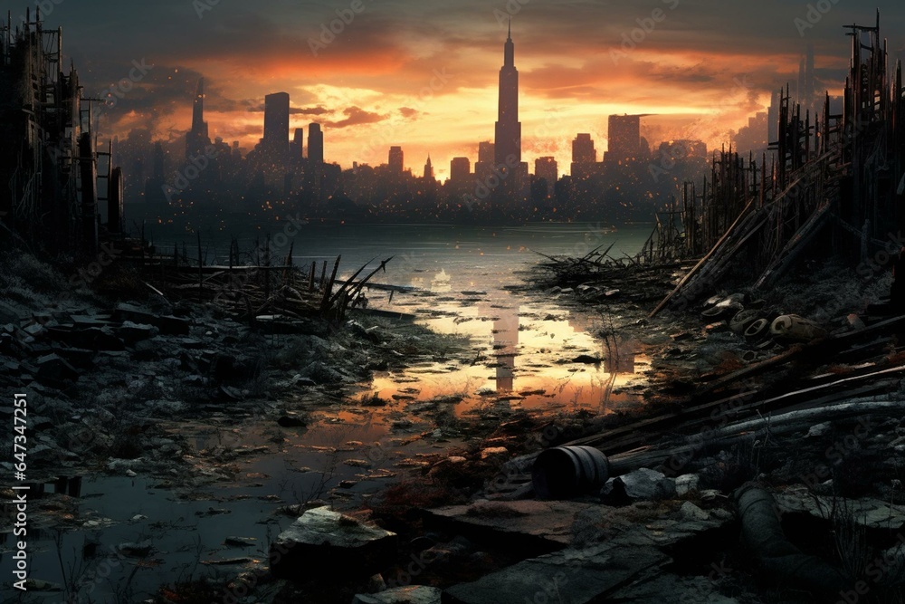 Post-apocalyptic cityscape illustration. Generative AI