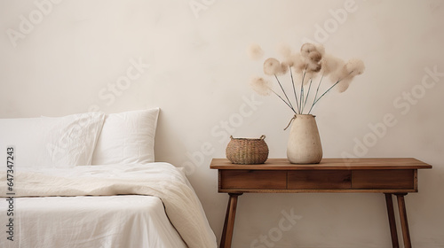 frame photo interior mockup in boho style, small indoor plant, white bedroom, Generative AI