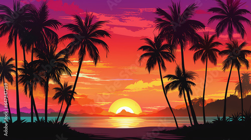Palm trees beach sunset scene illustration