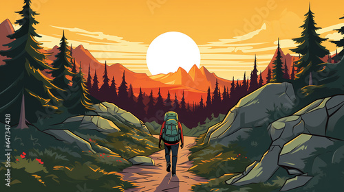 Hiker with backpack walking in nature illustration