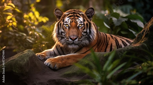 A Sumatran tiger basking in the rays at sunrise