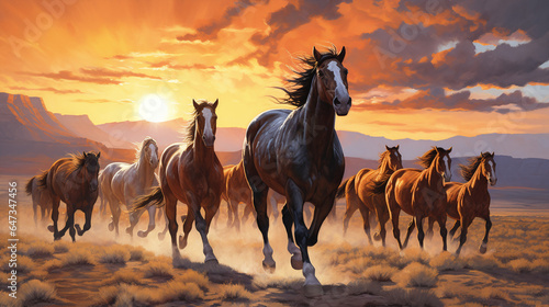 Wild horses running across the plains painting
