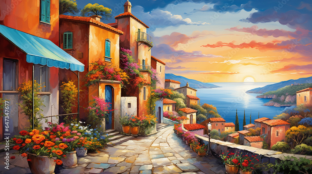 Vibrant hilltop town landscape painting
