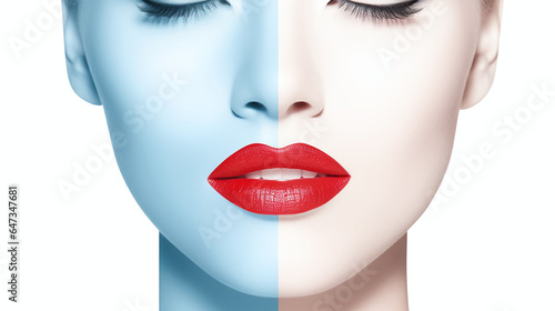Beautiful woman face with blue mood white face makeup and red lips 