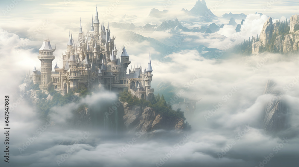 Fantasy landscape with castles in the clouds