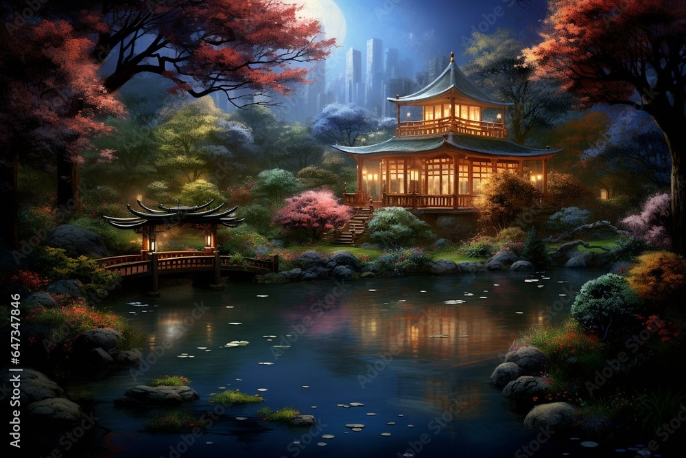 Moonlit night garden with a picturesque Asian pavilion depicted in an oil painting style. Generative AI