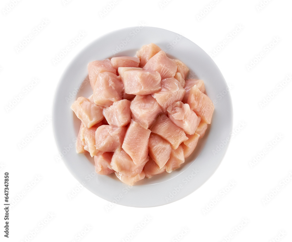 raw chicken fillet pieces in a ceramic plate isolated on white background, top view. raw chicken fillet pieces in a ceramic plate isolated on white background, top view.