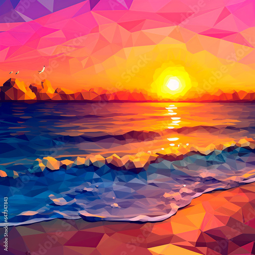 Polygonal beach drawing in sunset colors