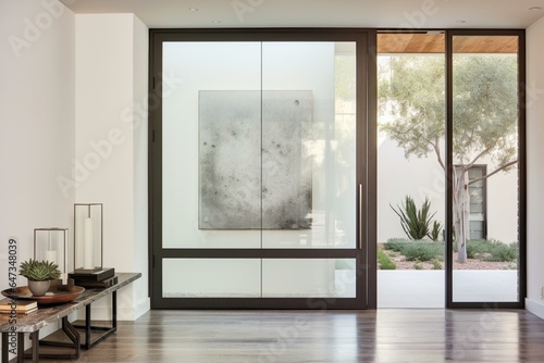 Contemporary entryway with clear glass panel in a sleek door frame against a white backdrop. Generative AI