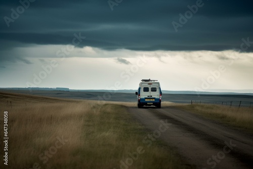 a lone ambulance seen from the back. Generative AI