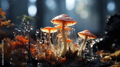  a group of small orange mushrooms sitting on top of a forest floor. generative ai