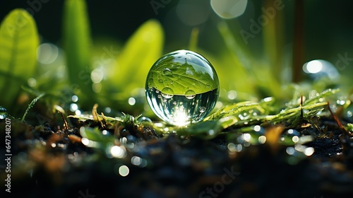  a drop of water sitting on top of a grass covered ground. generative ai