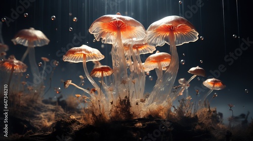  a bunch of mushrooms that are on the ground in the dark. generative ai