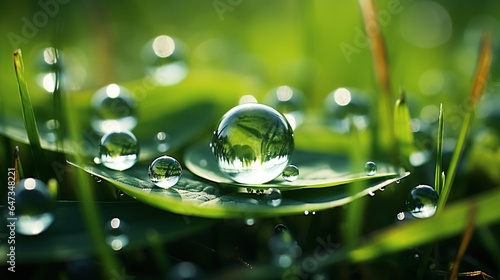  a drop of water on a green leaf with grass in the background. generative ai