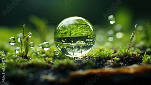  a glass ball sitting on top of a moss covered ground. generative ai