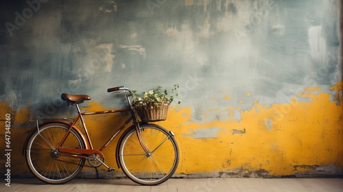  a bicycle parked against a wall with a basket of flowers. generative ai