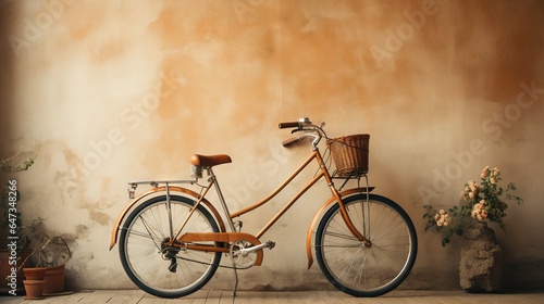  a bicycle parked against a wall with a basket on the front. generative ai