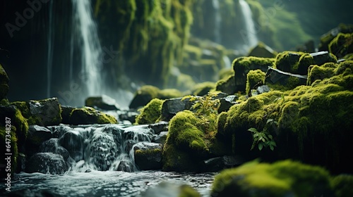  a stream of water surrounded by mossy rocks and trees.  generative ai