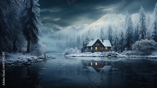  a cabin on a lake surrounded by snow covered trees and mountains.  generative ai © Jevjenijs