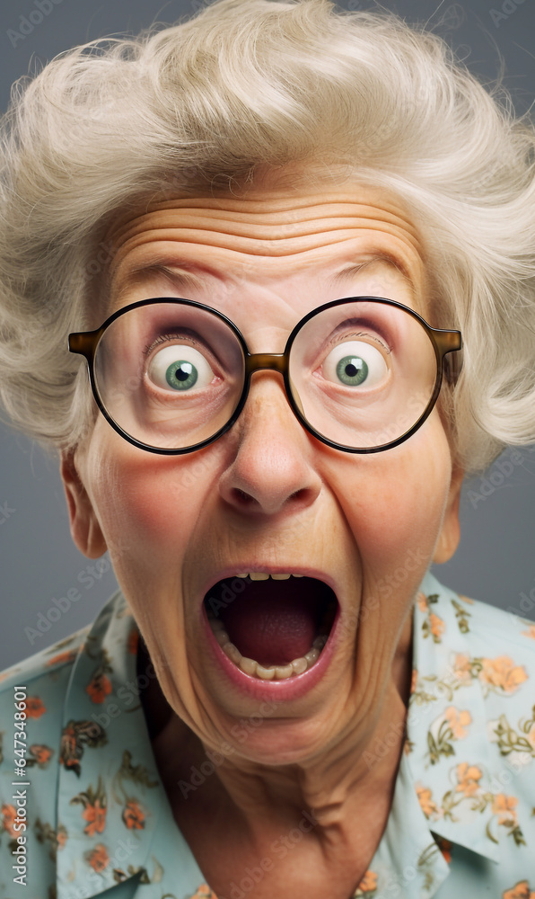 A comical looking elderly woman has an astonished and shocked expression, on a gray background A comical looking elderly woman has an astonished and shocked expression, on a gray background