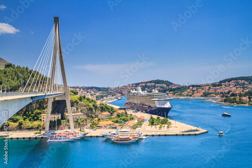 Coastal summer landscape - view of Dubrovnik from the side of The Franjo Tudman Bridge, on the Adriatic coast of Croatia