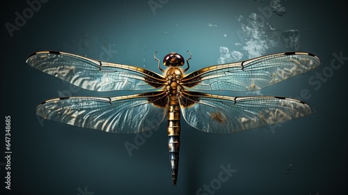  a gold and blue dragonfly sitting on top of a blue surface.  generative ai © Jevjenijs