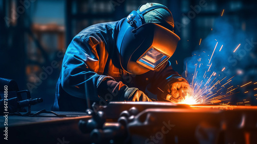 Worker or Welder wear safety gear who perform arc welding in the factory.,generative ai photo