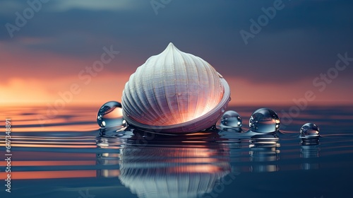  a sea shell is floating on the water with its reflection.  generative ai