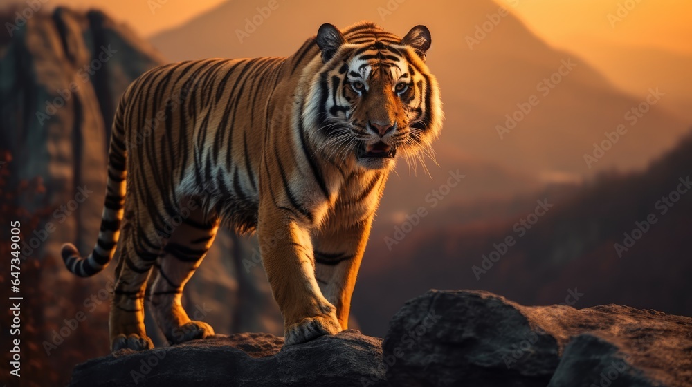 A tiger is standing on a rock with a mountain in the background at sunset