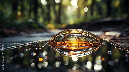  a close up of a water drop on a wet surface.  generative ai