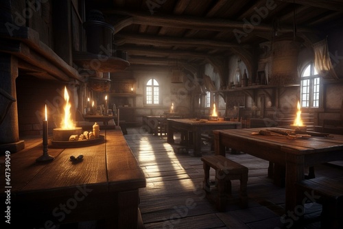 Atmospheric medieval tavern with candles and daylight filtering through windows. 3D rendered. Generative AI