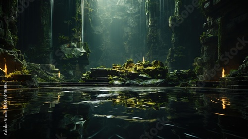 a dark forest with a pool of water in the foreground.  generative ai