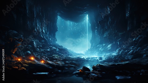  a dark cave with a stream of water in the middle of it. generative ai