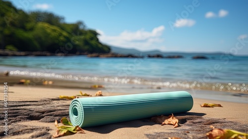  a rolled up yoga mat on a sandy beach near the ocean. generative ai