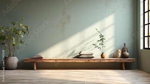  a room with a wooden table and a plant in a vase.  generative ai © Jevjenijs