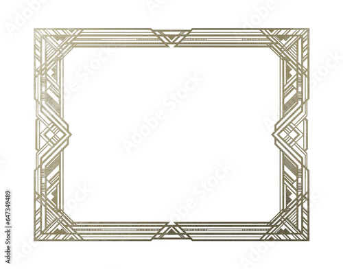 Rectangular golden metallic frame, art deco style. 3D render, PNG.