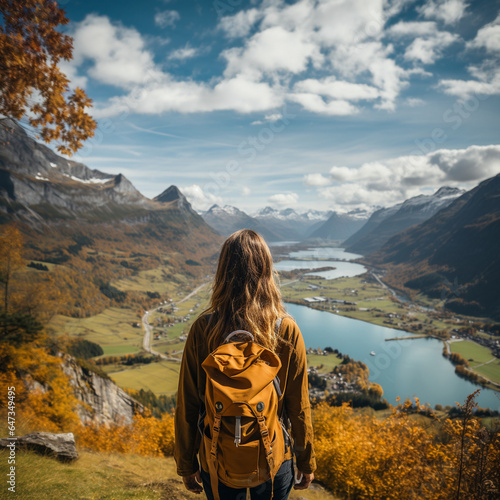 Young woman with backpack looking at an alpine landscape with white mountain peaks faraway and river reflecting the sky