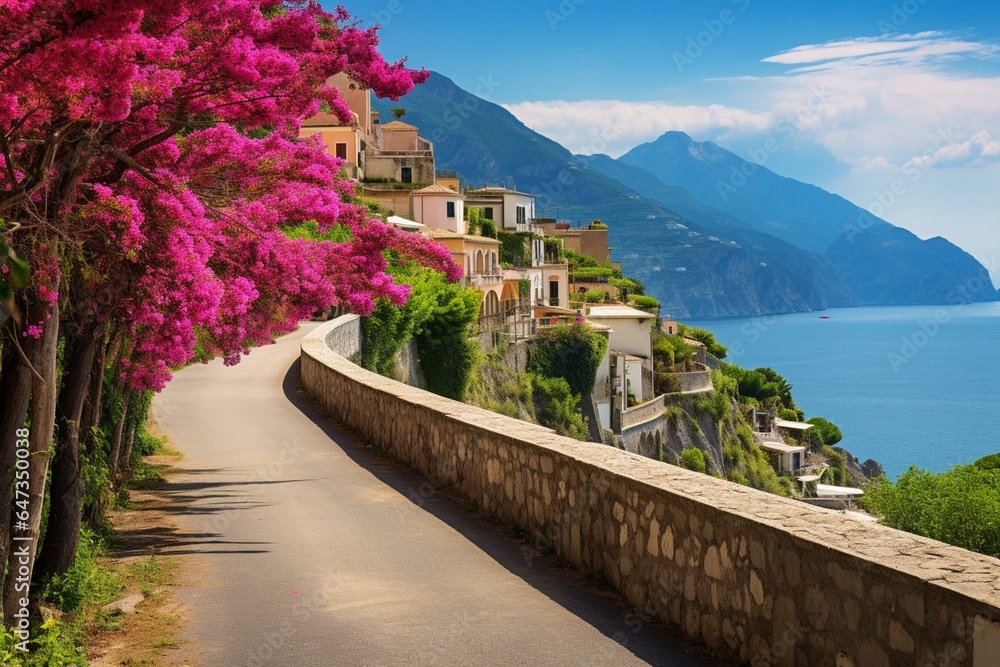 Scenic road along Amalfi coast adorned with summer flowers in Italy. Generative AI