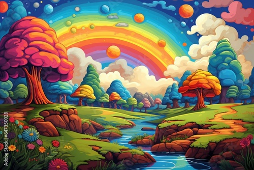 Vibrant landscape artwork with cartoon-style elements. Features hippie clouds and rainbows from the 70s era. Generative AI