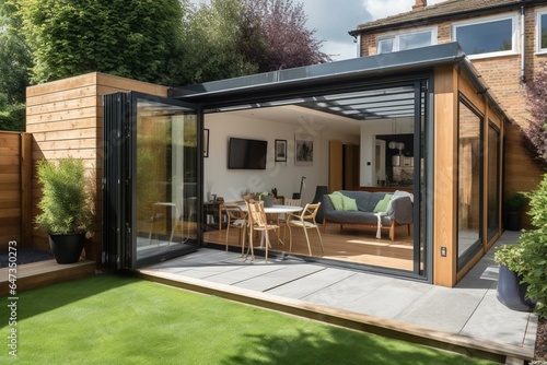 Stunning garden and outdoor space with folding doors, perfect for enjoying summer. Generative AI