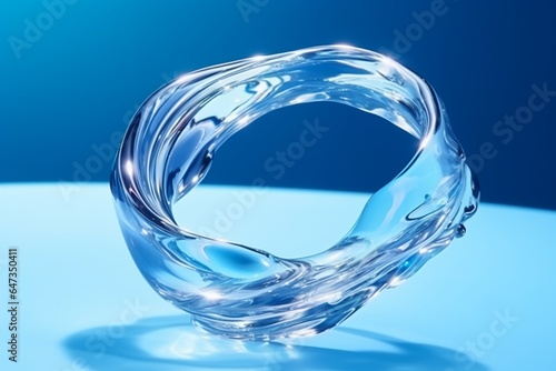 3d clear water splashing round frame isolated on blue background, liquid stream ring.