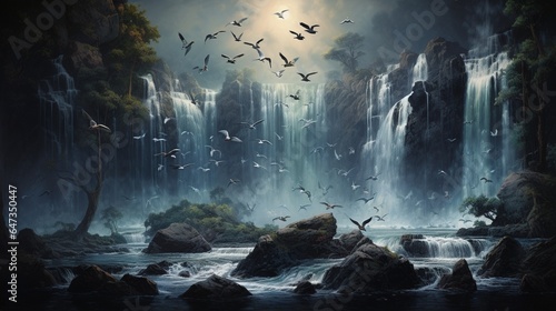 Waterfall flying birds