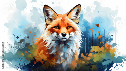 vector art of Watercolor fox with double exposure effect . Flat vector illustration ,generative ai