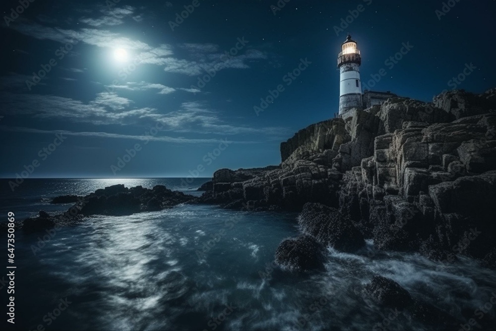 A lighthouse on a rocky cliff with a light on top during the night, under a full moon in the sky above the water. Generative AI