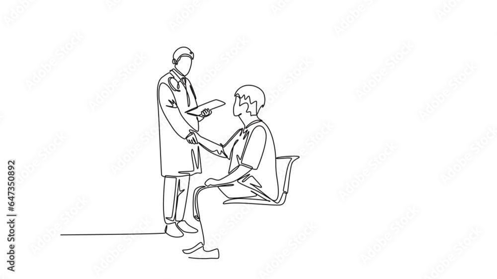 Animated self drawing of continuous line draw young smart doctor handshake the patient in hospital to ask him current condition. Medical check up or health care concept. Full length one line animation Animated self drawing of continuous line draw young smart doctor handshake the patient in hospital to ask him current condition. Medical check up or health care concept. Full length one line animation